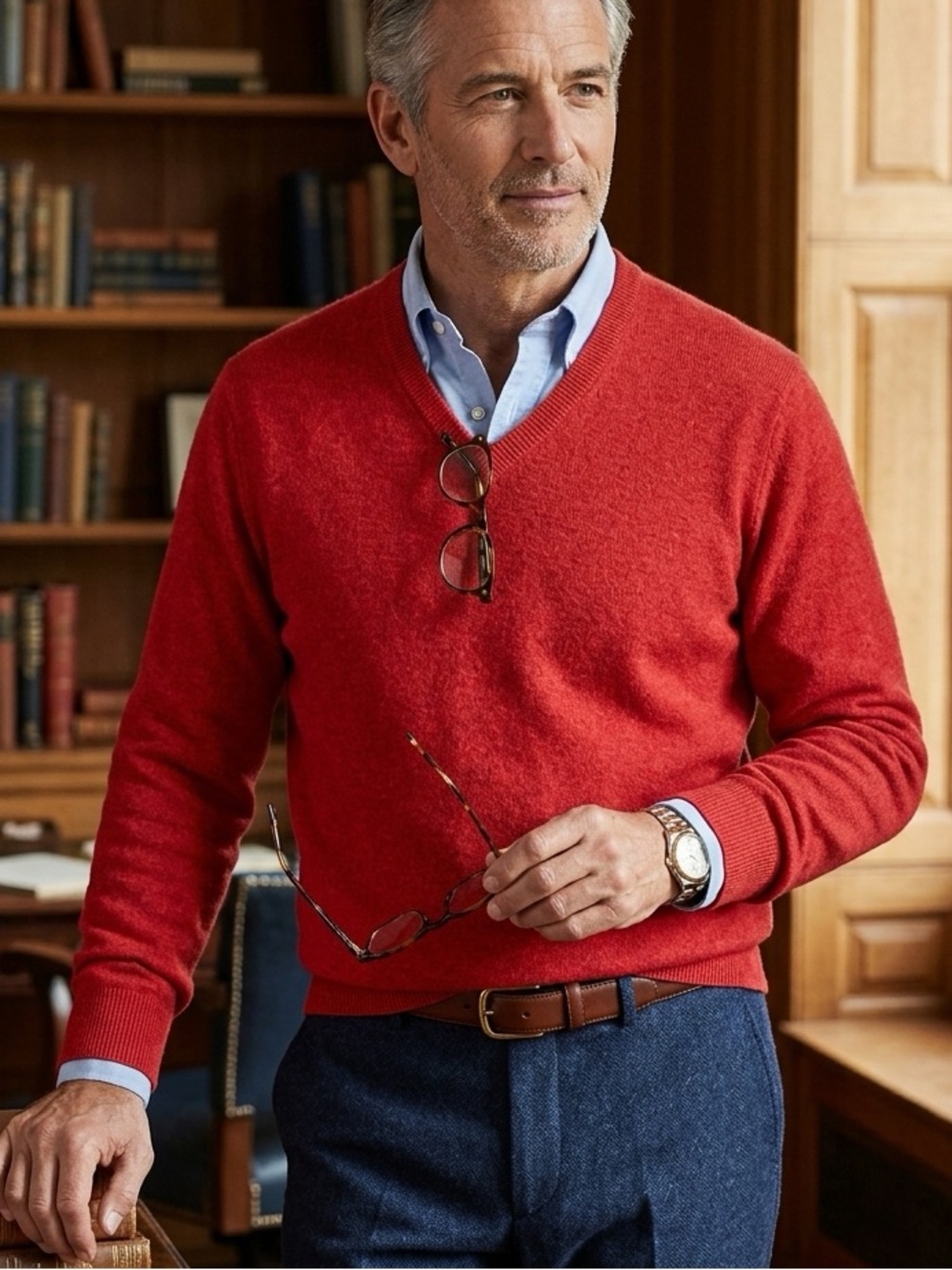 Club Room Men's V-Neck Sweater in Red Orange 100% cashmere L